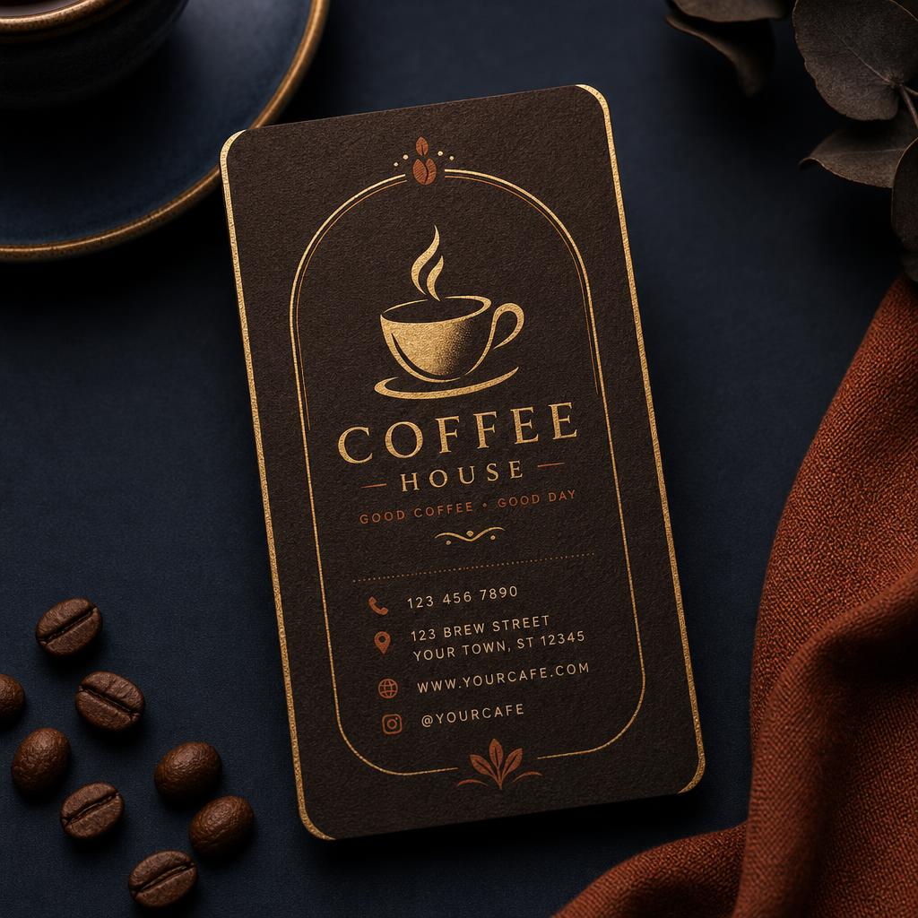 Gold foil café business card design with coffee cup icon and warm textured paper on a dark navy background