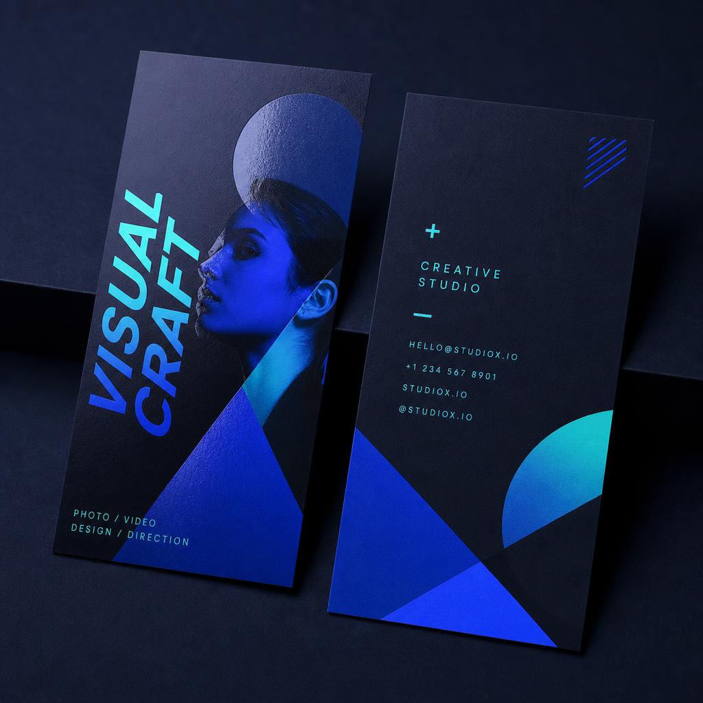 Creative vertical business card design with duotone portrait, geometric shapes and neon cyan accents for a designer