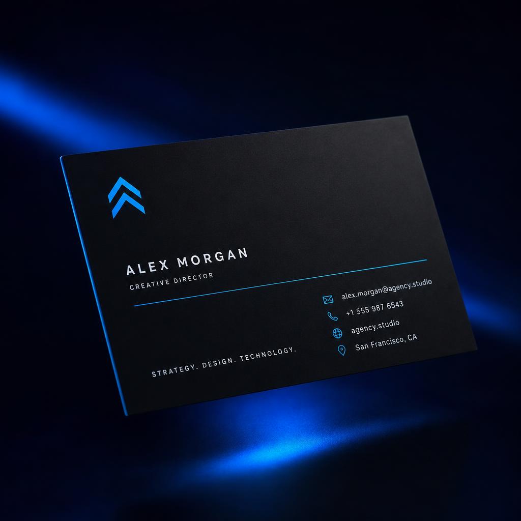 Minimal black business card design with electric blue chevron logo and clean typography for a tech-creative agency