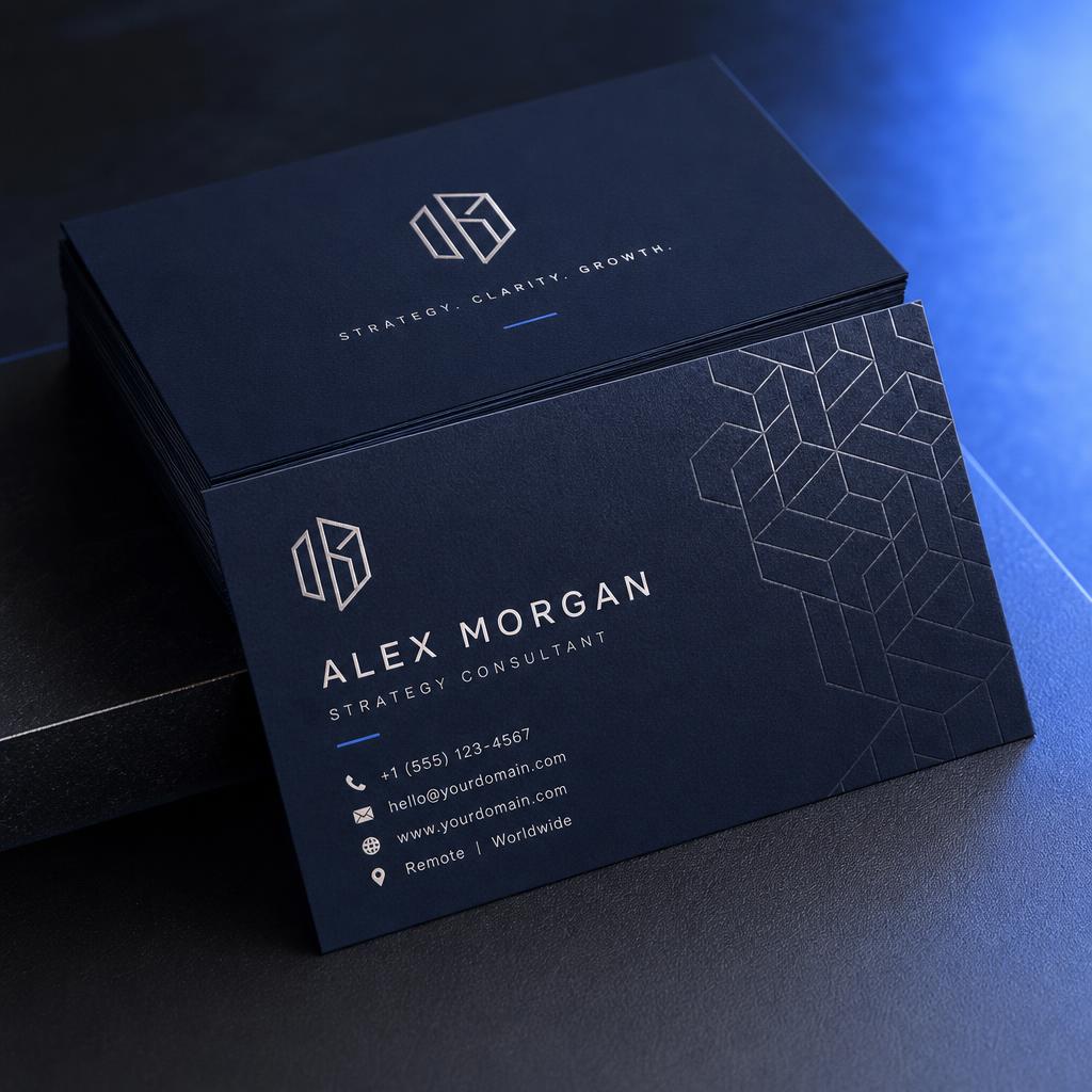 Elegant navy business card design with geometric pattern and silver typography for a consultant or freelancer