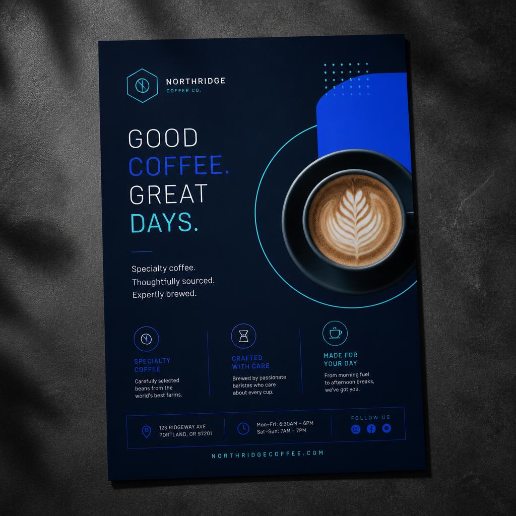 Coffee shop flyer design with navy background, electric blue accents and a latte art photo