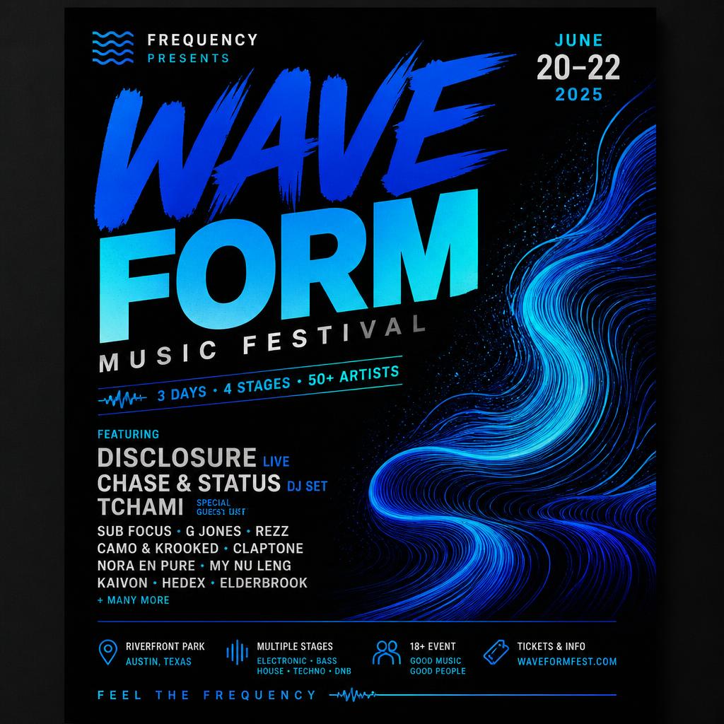 Music festival flyer design with bold typography and neon cyan wave graphics