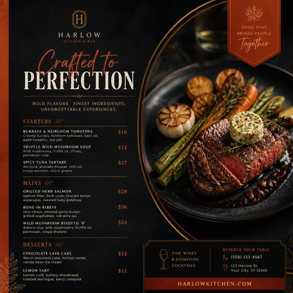 Restaurant menu flyer design with rich food photography and warm gold accents