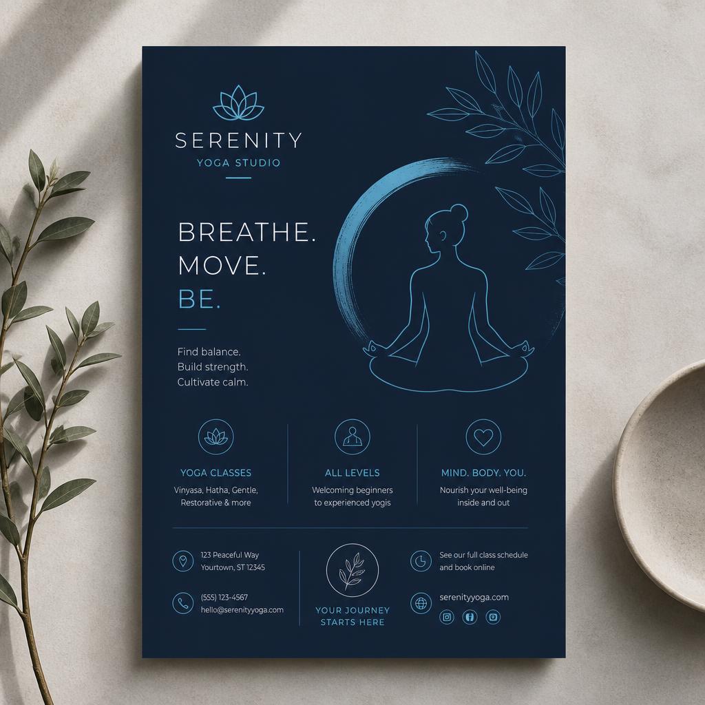 Yoga studio flyer design with calm cyan line art and serene typography