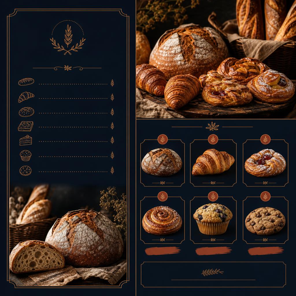 Artisan bakery menu design with warm bread photography, navy background and gold accents