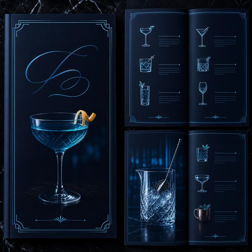 Cocktail bar menu design with dark navy background, neon cyan line art and premium glassware