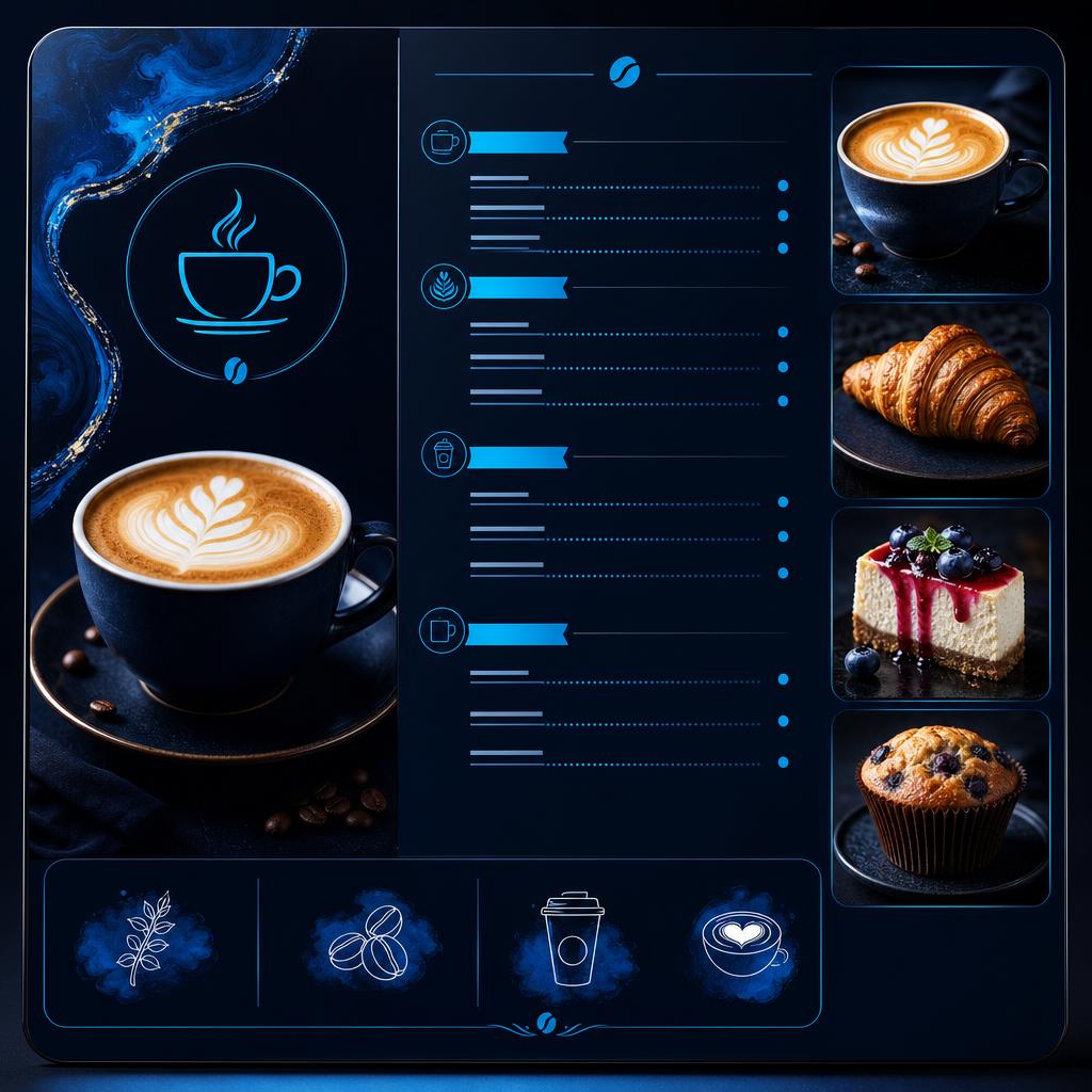 Coffee shop menu design with navy background, electric blue accents, latte art and pastry photos