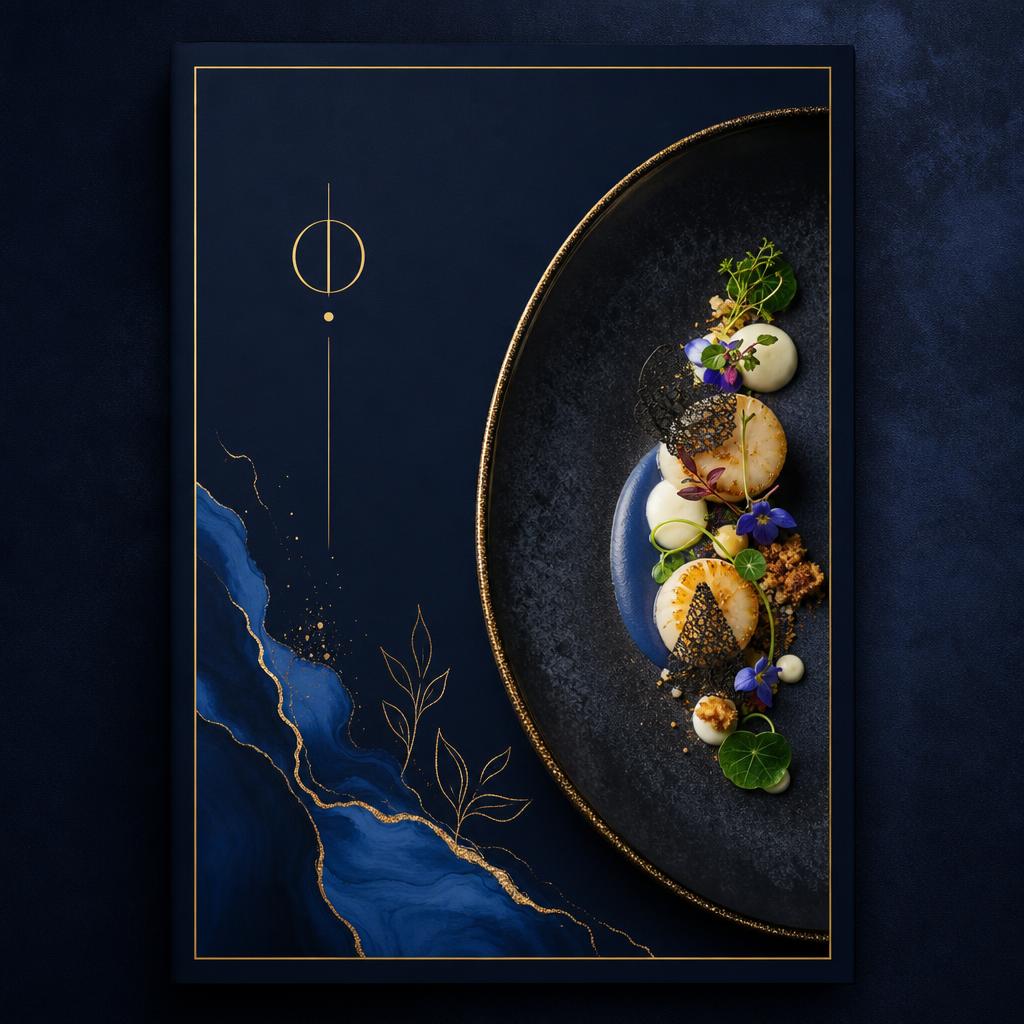 Fine dining restaurant menu design with minimalist typography, gold accents and artistic plating