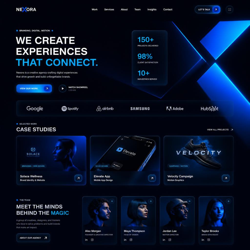 Creative agency portfolio website with case studies, team section and bold blue accents