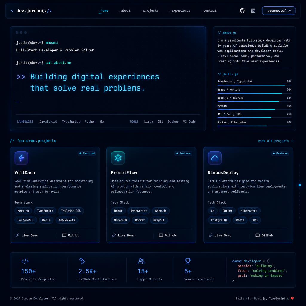 Developer portfolio website with terminal-style hero, project cards and neon cyan code accents