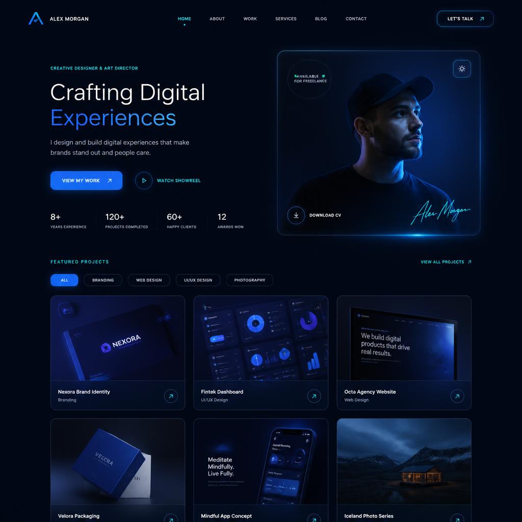 Minimal personal portfolio website with project grid, dark navy background and electric blue accents