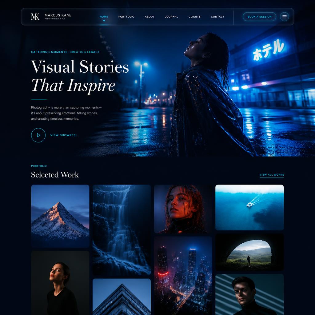 Photography portfolio website with full-bleed hero and masonry gallery in dark navy theme