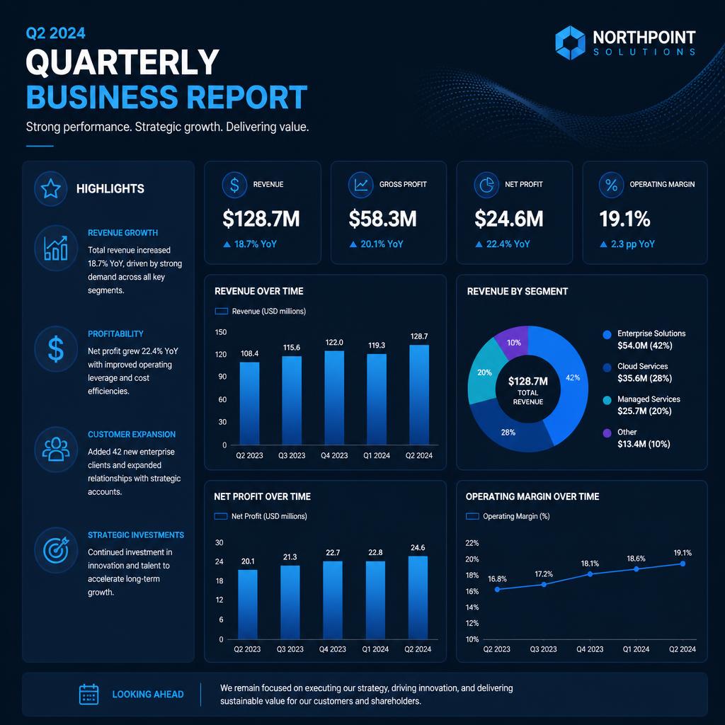 Quarterly business report presentation slide with revenue charts, KPI cards and blue accents