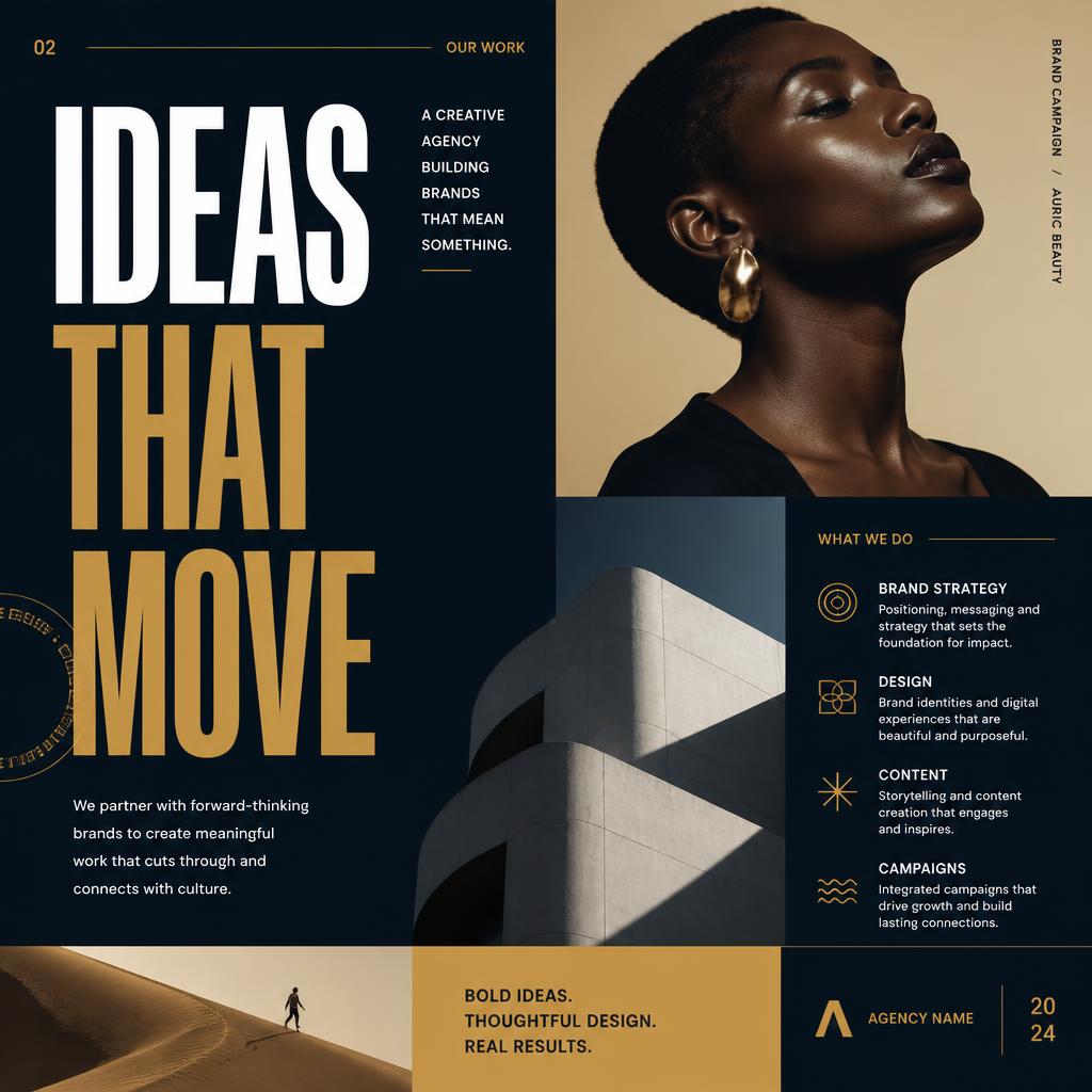 Creative agency presentation slide with oversized editorial typography, gold accents and photo blocks