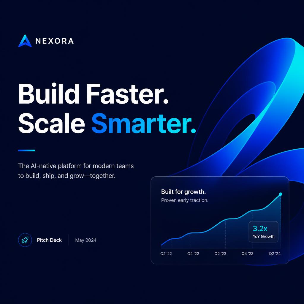 Startup pitch deck title slide with navy background, bold headline and a growth chart card