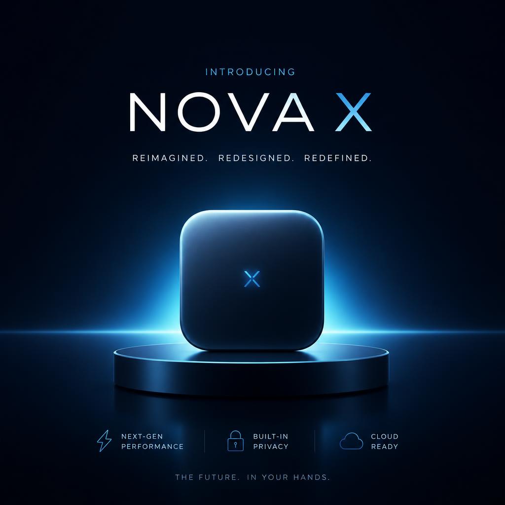 Product launch keynote slide with a glowing product on a pedestal and minimal centered headline